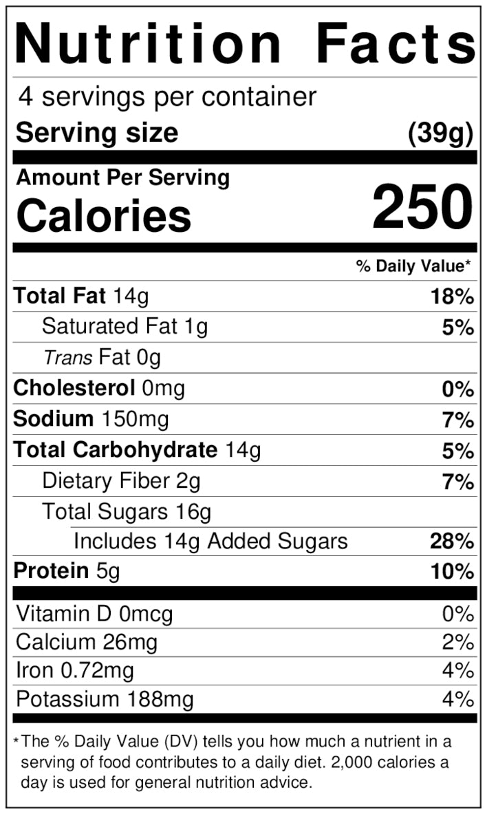Toffee Toasted Cashews Nutrition Facts Label